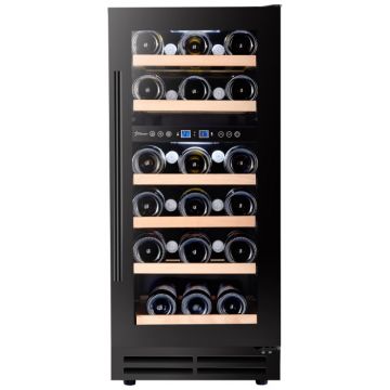 Vitrina de vinuri incorporabila STARCREST SWN-8028DZ, Capacitate 28 sticle, Clasa F, Rafturi din lemn de fag, Control electronic, Display, 2 zone de racire, Iluminat interior LED, H 85.5 cm, Negru Vitrina de vinuri incorporabila STARCREST SWN-8028DZ, Capacitate 28 sticle, Clasa F, Rafturi din lemn de fag, Control electronic, Display, 2 zone de racire, Iluminat interior LED, H 85.5 cm, Negru